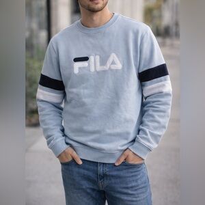 FILA Men’s Sweater, Size Medium, Light Blue Logo Crewneck Pullover RN 91175.